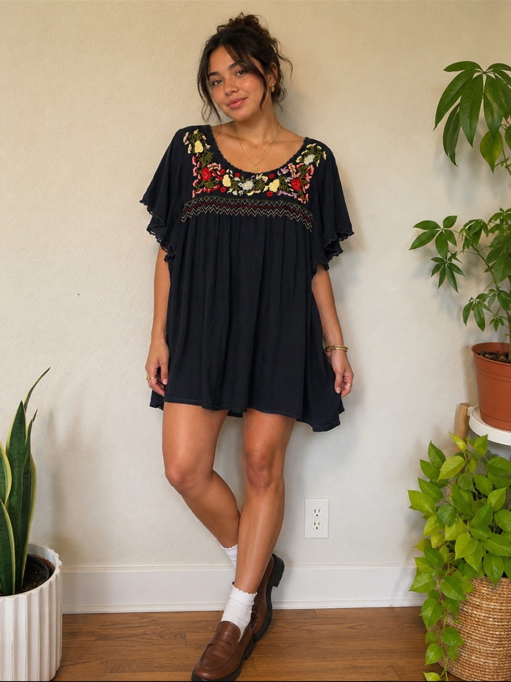 ModCloth Embroidered Boho Mini Shift Dress XXL Blue Floral Peasant Cottagecore